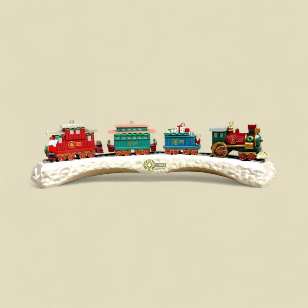 1991 Hallmark Miniature Train Set Claus & Co. Keepsake Ornaments w/ Display